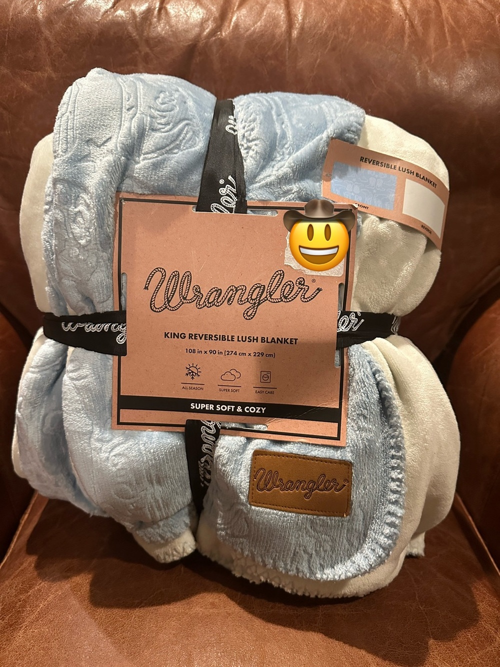 Wrangler King Reversible Plush Blanket - Light Blue & Cream